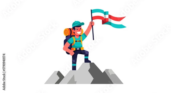 Fototapeta Triumphant Hiker On Summit: Vector Illustration Of Adventure And Success Achieved