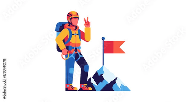 Fototapeta Triumphant Hiker On Summit Reaching Victory Displaying Peace Sign High Up in Mountains