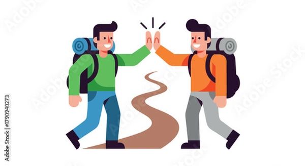 Fototapeta Two Friends High Fiving During an Adventure Hike, Success and Cheerful Moment