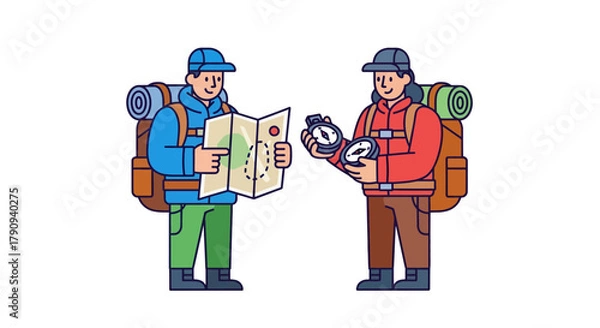 Fototapeta Two Friends Exploring New Terrain Use Map And Compass For Adventure Together