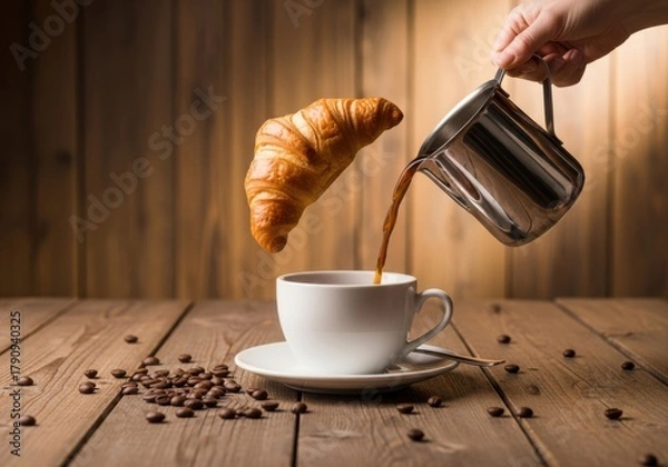 Fototapeta A croissant is being poured into a cup of coffee, with coffee beans scattered on a wooden table