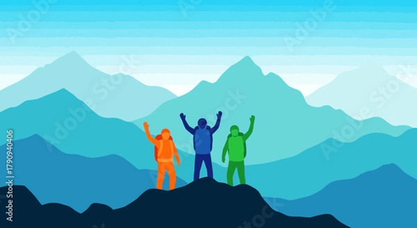 Fototapeta Triumphant Hikers Celebrate Peak Success Among Serene Mountain Ranges