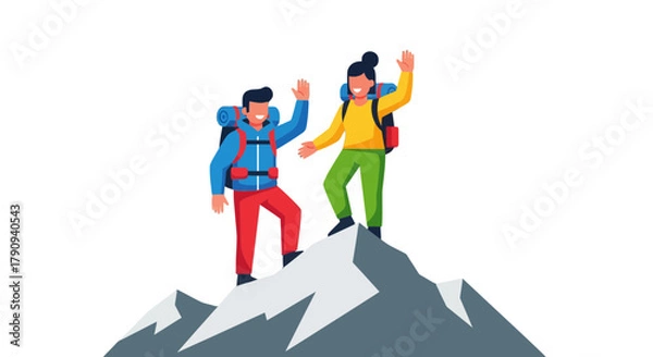 Obraz Triumphant Hikers Celebrate Success At Mountain Summit With Backpacks On Black Background