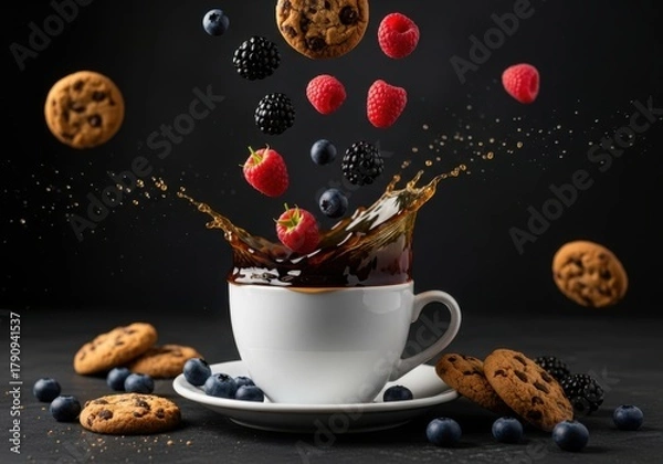 Fototapeta Fresh berries and cookies splashing into a cup of coffee, creating a dynamic and appetizing scene