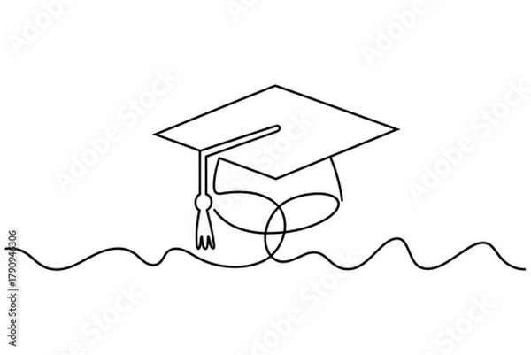 Fototapeta A single continuous line drawing depicts a graduation cap and a wavy ground.
