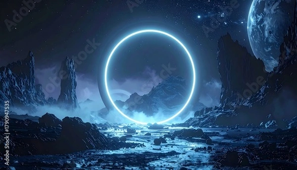 Fototapeta Sci-fi vista ring of light hovers in a surreal, rocky landscape under a starry sky with planet