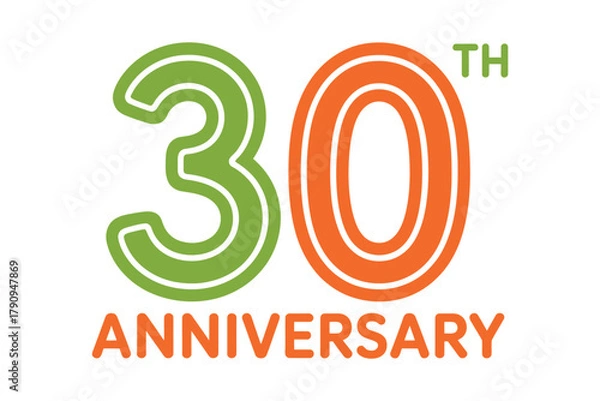 Fototapeta A stylized graphic displays the number 30 in vibrant green and orange outlines, celebrating a significant 30th anniversary.