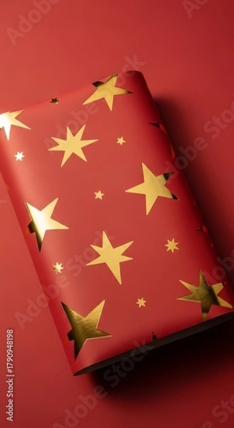 Fototapeta Red Wrapping Paper with Embossed Gold Foil Stars