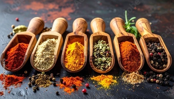 Obraz Scoops filled with vibrant, varied spices arranged on a dark textured surface