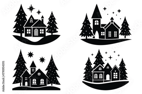 Fototapeta christmas village vector icon set, black color and white background