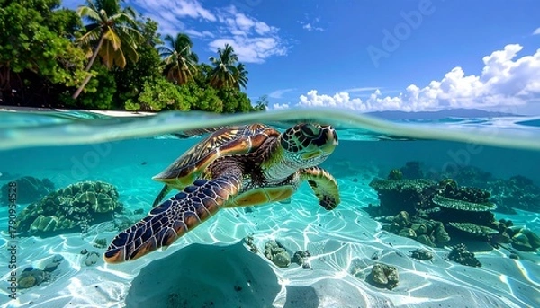 Obraz Sea turtle swimming in crystal clear tropical water, split level view with island and palm trees above