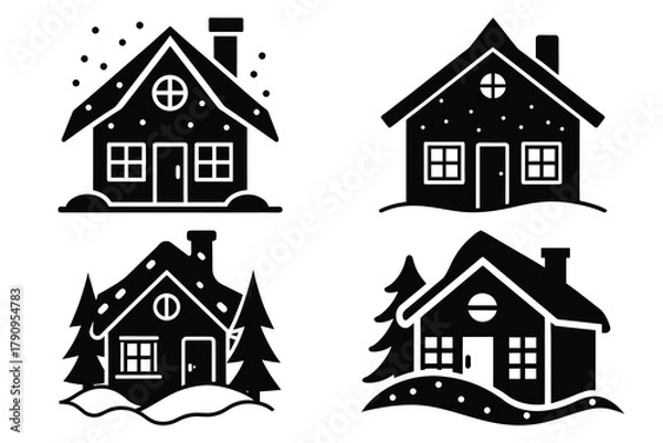Fototapeta snow covered house icon set, black color and white background