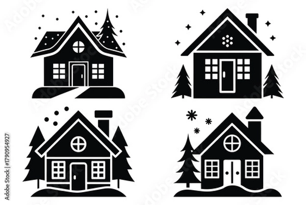 Fototapeta winter house vector icon set, black color and white background