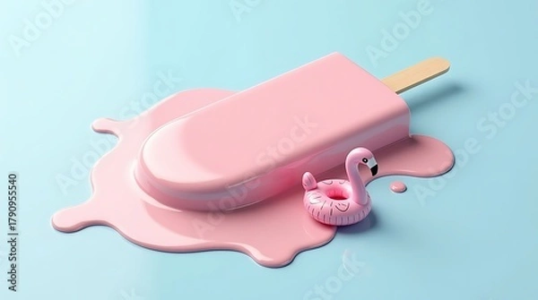 Fototapeta Pink popsicle melting with flamingo float isolated on blue background, summer vibes