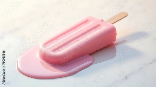 Fototapeta A pink popsicle melting on a white marble surface in a studio setting