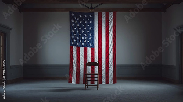 Obraz American flag backdrop with vintage chair in empty room patriotic symbol of the united states of america