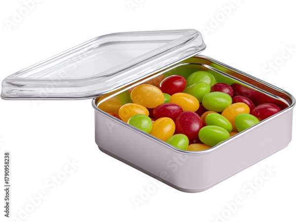 Fototapeta Open metal tin box with colorful candies isolated on transparent background, perfect for sweets and packaging design projects.