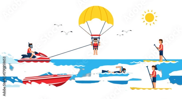 Obraz Summer Watersports Adventure: Parachuting, Jet Skiing, Paddleboarding, And Swimming Fun