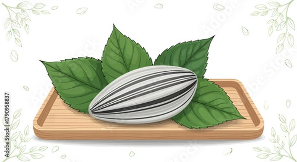Obraz Sunflower Seed and Leaves Displayed on Wooden Tray with Detailed Artistic Rendering