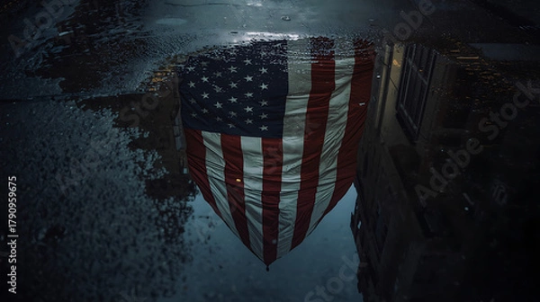 Obraz American flag reflection in puddle patriotic symbol of usa united states of america image photography