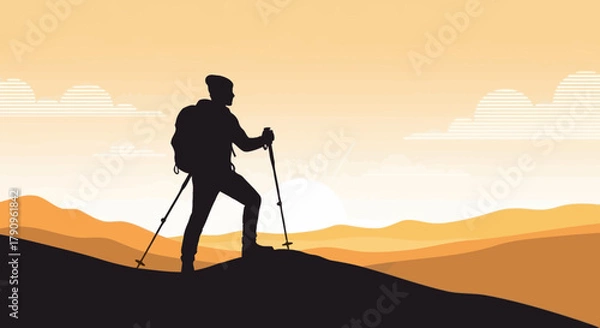 Fototapeta Silhouette Of Hiker Observing Mountain Landscape During Beautiful Sunset Scenery
