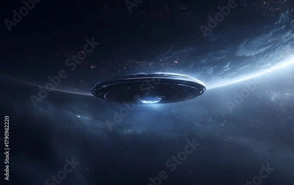 Obraz Unidentified Flying Object hovering near a planet in deep space filled with stars and nebulae illuminating the craft with bright blue light concept for science fiction