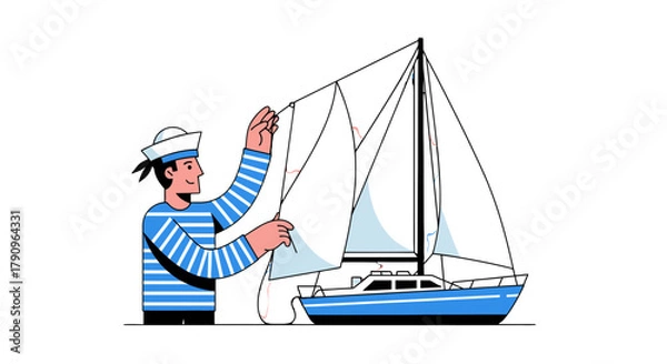 Obraz Sailor Navigating His Sailboat, Preparing for Adventure on Open Sea with Black Background