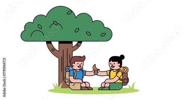 Obraz Sharing A Snack Under A Tree: An Illustration Of Friendship And Adventure