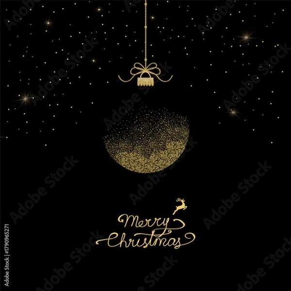 Fototapeta Greeting card with christmas ball made from golden glitter on black background.New year them. Vector illustration