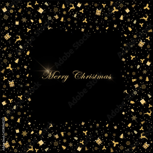 Fototapeta Greeting card with small christmas figurines. Christmas  deer, gifts, snowflakes, christmas tree on black background. Vector illustration. Gold pattern