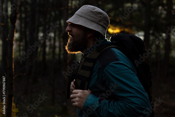 Fototapeta A man with a beard and a hat is walking through a forest