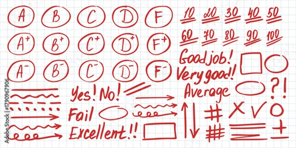 Obraz Exam grade red pen elements. Gradation elements for teachers in doodle hand drawn style. Doodle exam grade elements