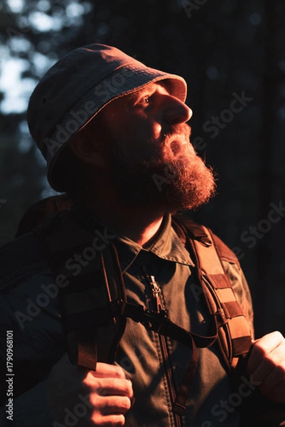 Fototapeta A man with a beard and a hat is looking at the camera