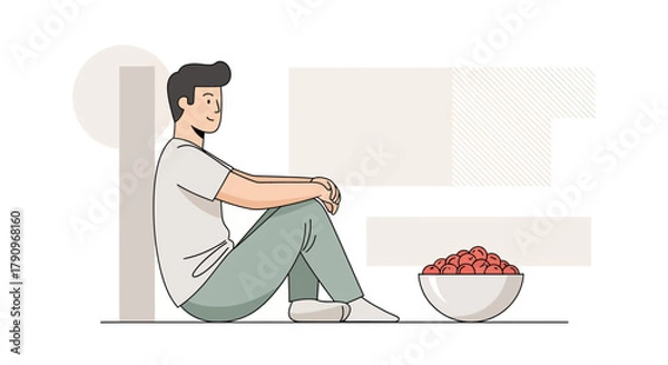 Fototapeta Relaxed Young Man Beside A Bowl Of Fresh Fruits In A Minimalistic Illustration Style