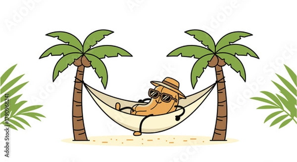 Fototapeta Relaxing Cashew Nut Cartoon Character Lounging in Hammock at Tropical Escape Paradise
