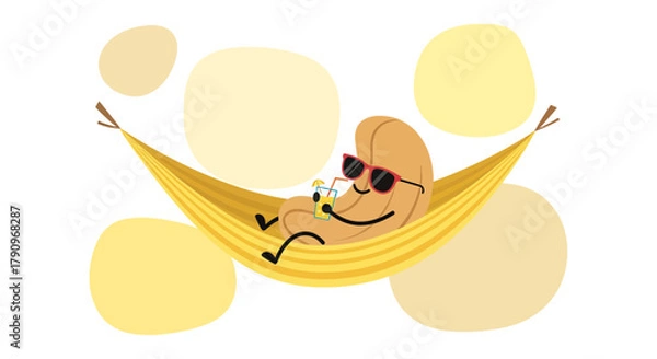 Fototapeta Relaxing Cashew Nut Cartoon Enjoying A Tropical Drink While Taking It Easy