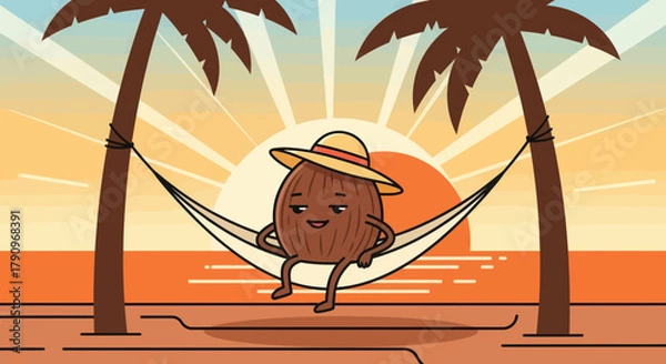 Fototapeta Relaxing Coconut Character Enjoying Vacation On Tropical Beach Paradise With Palm Trees