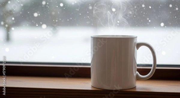 Obraz Steaming white mug on a wooden windowsill overlooking a snowy outdoor scene with falling snowflakes. Cozy winter concept for holiday and seasonal imagery.