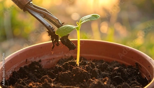 Fototapeta Seedling sprouts in a pot as gardening tool adds soil, sunlight bokeh in background