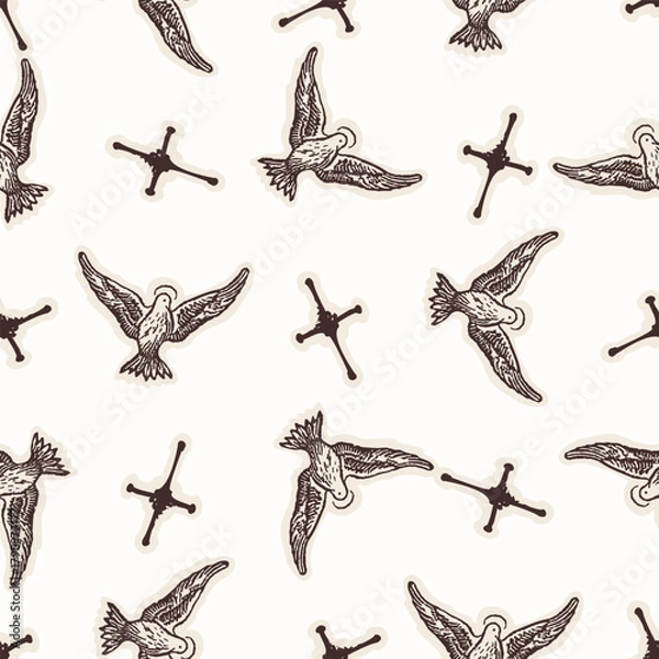 Obraz Christian holy dove hand drawn seamless vector pattern. Religious home decor background for sunday school bible study motif. Reflection candle symbol all over print. 