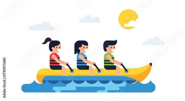 Fototapeta People Enjoying a Scenic Evening Banana Boat Ride on the Dark Water's Surface