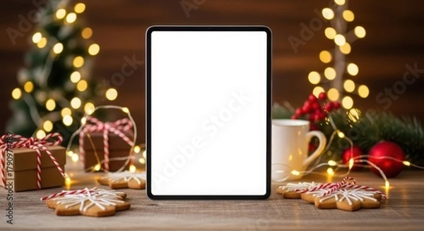 Obraz Digital tablet with blank white screen for product display or greeting card mockup in a festive Christmas holiday setting with lights and cookies.