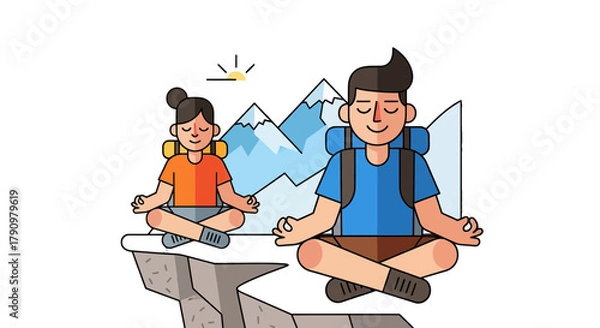 Fototapeta Meditative Hiking Couple Finding Peace and Quiet in the Mountains, Stress Relief Activity