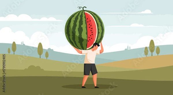 Fototapeta Man Carrying Sliced Watermelon Over His Head in a Scenic Rural Landscape
