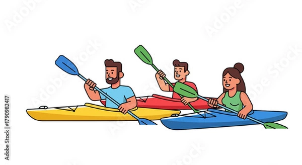 Fototapeta Kayak Adventures: Colorful Illustration of Friends Enjoying Watersport Fun Together