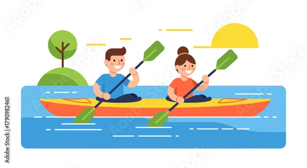 Fototapeta Kayak Adventures: Couple Enjoying Paddle Sports on Calm Water at Sunset