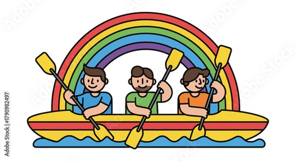 Fototapeta Kayak Crew Enjoying The Rainbow, Representing Friendship, Joy, and Summer Adventures