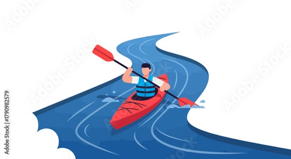 Fototapeta Kayaker Navigating Flowing Water Across A Black Background In A Vibrant Illustration