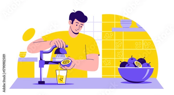 Fototapeta Man Juicing Passion Fruit in a Kitchen Creating Fresh and Healthy Drink Preparation