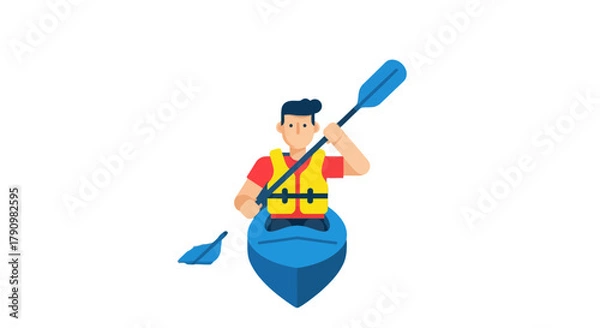 Fototapeta Kayaker Paddles Through Calm Waters With Safety Gear Depicted In Simple Illustration